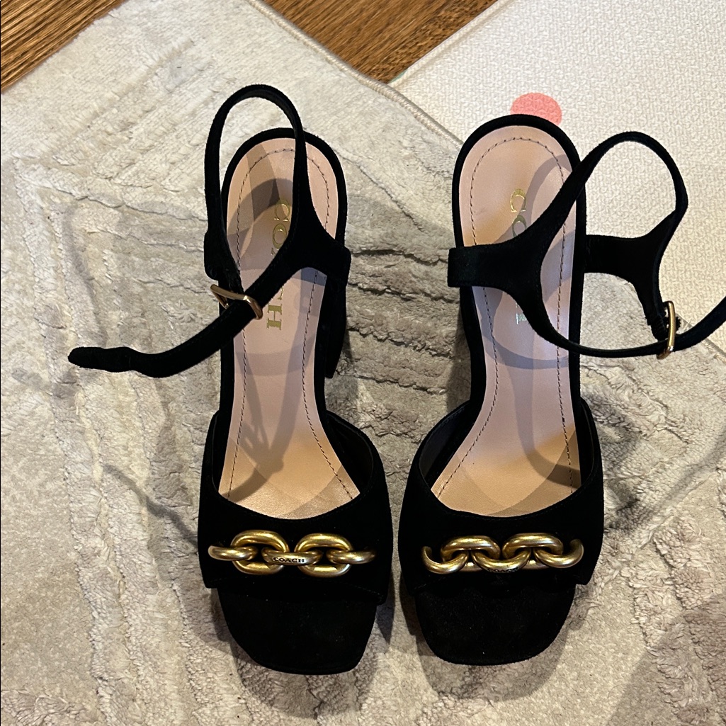 New Coach Black Women's Chunky Heels With Gold Chain Accent